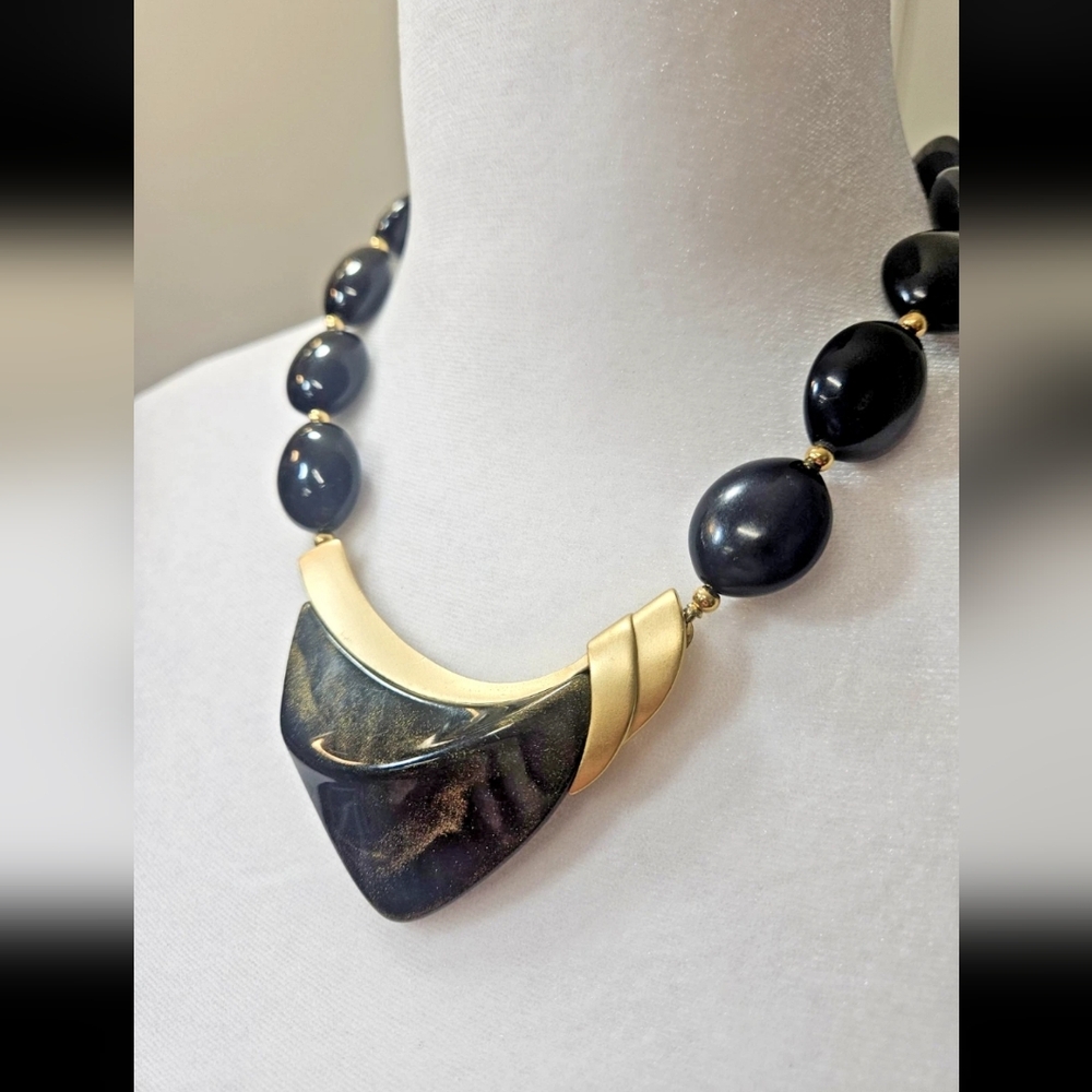 Trifari Black and Gold Statement Necklace with Matching Earrings